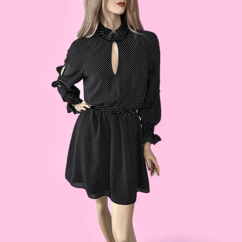 Black Swiss Dot Ruffle Mini Dress Small Sheer Sleeve Coquette Date Night - Picture 6 of 10